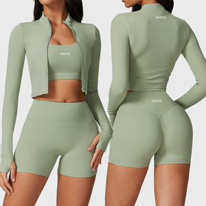 Custom Women 3 Piece Workout Set Zip up Jacket Sports Bra Biker Shorts Activewear