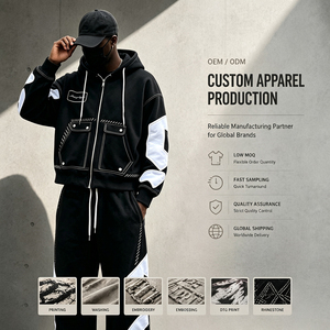 Custom Men Plus Size Zip Hoodie Sweatpants Set 100% Cotton Fleece Breathable Patch Embroidery Stitch Detail Oversized Streetwear