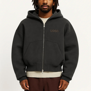 Custom Men Cotton 500Gsm Blanks Heavyweight Fleece Cropped Full Zip Up Oversized Hoodie With Double Slider Zipper Design