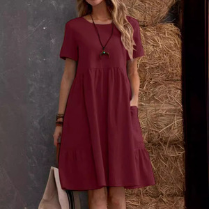 Vintage Loose Pocket Short Sleeve Ladies Dress